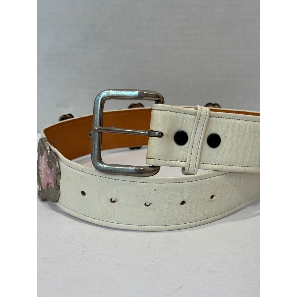 Vintage Western Leather Belt Womens 24-28 White Pink Medallion Wide Boho Silver - Picture 2 of 8